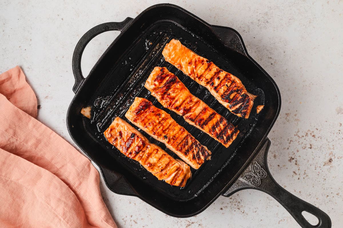 Salmon grilled in a grill pan.