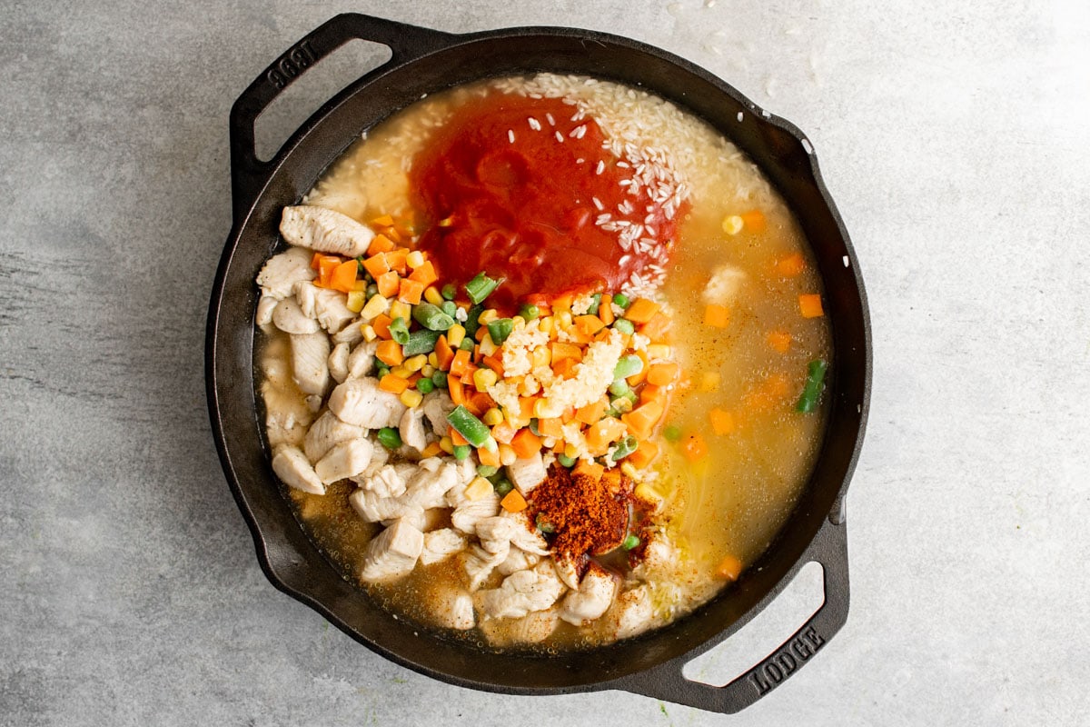 Cast iron skillet, chicken broth, tomato sauce, diced cooked chicken, frozen vegetables.
