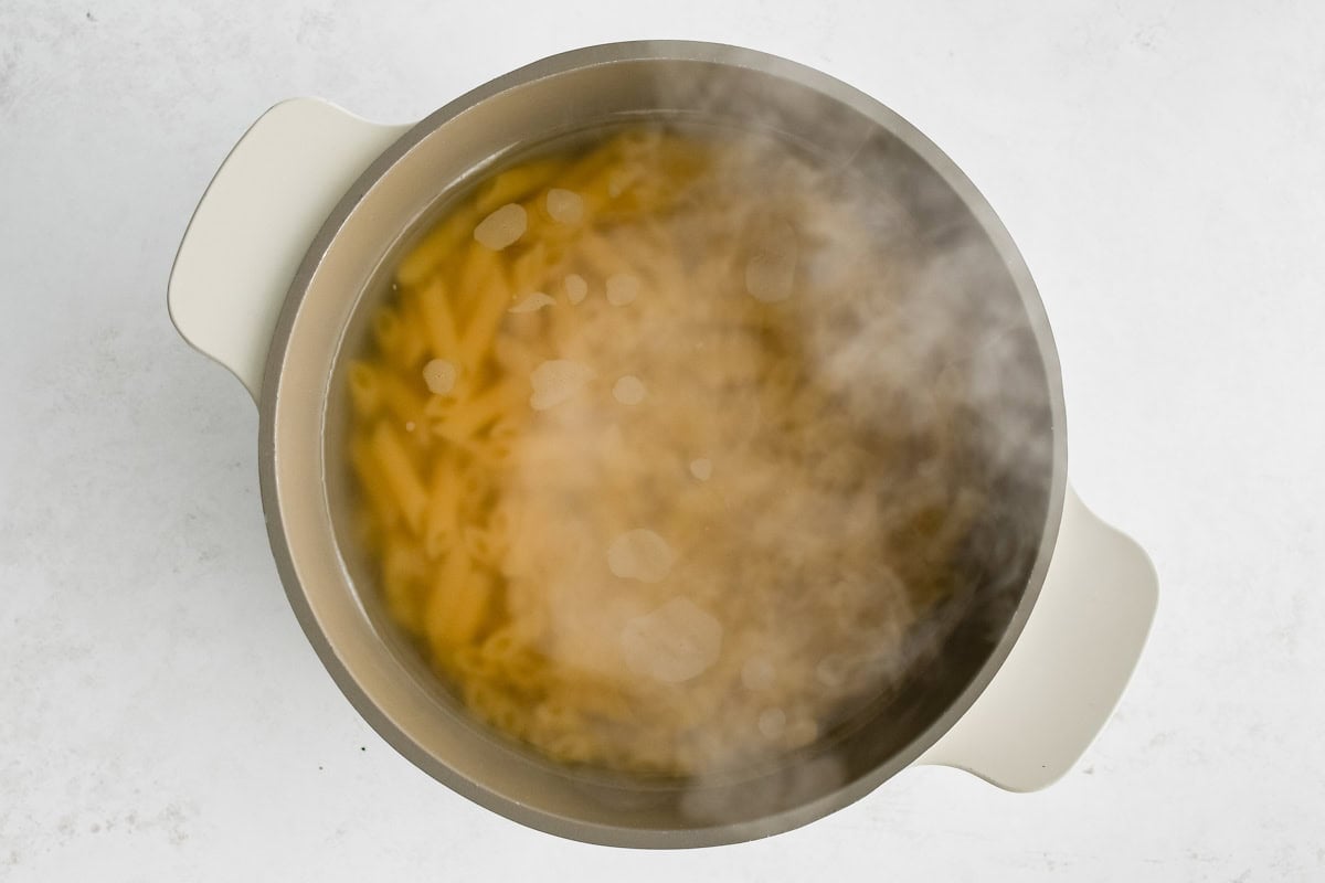 Pasta cooking in boiling water.