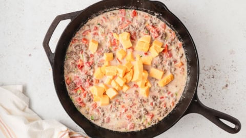 Tomatoes mixed with cream cheese and tomatoes and ground beef with cubes of velveeta.