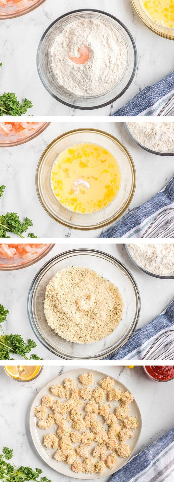 Collage showing how to bread popcorn shrimp.
