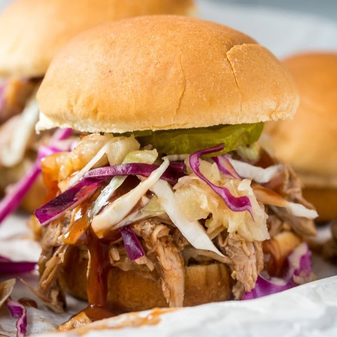 Slow Cooker Barbecue Pulled Pork Sliders & Pineapple Slaw