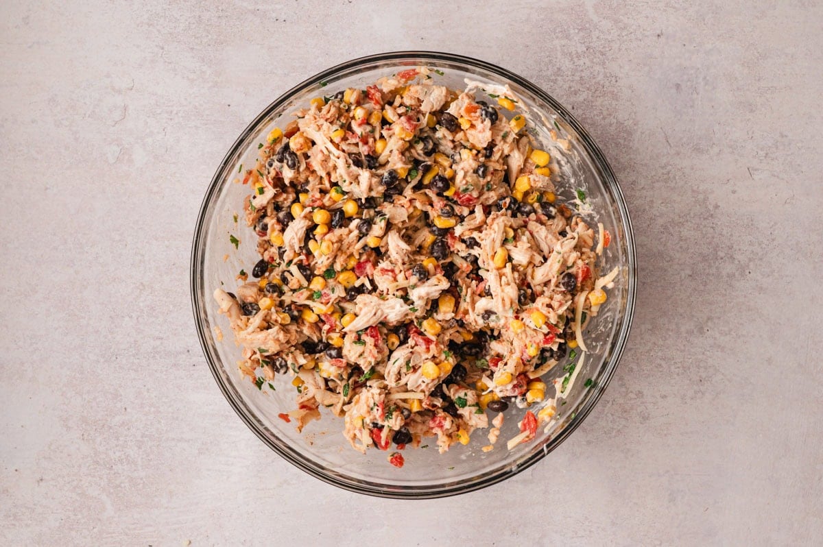 Chicken, rice, beans, corn, and seasoning mixed in a glass bowl.