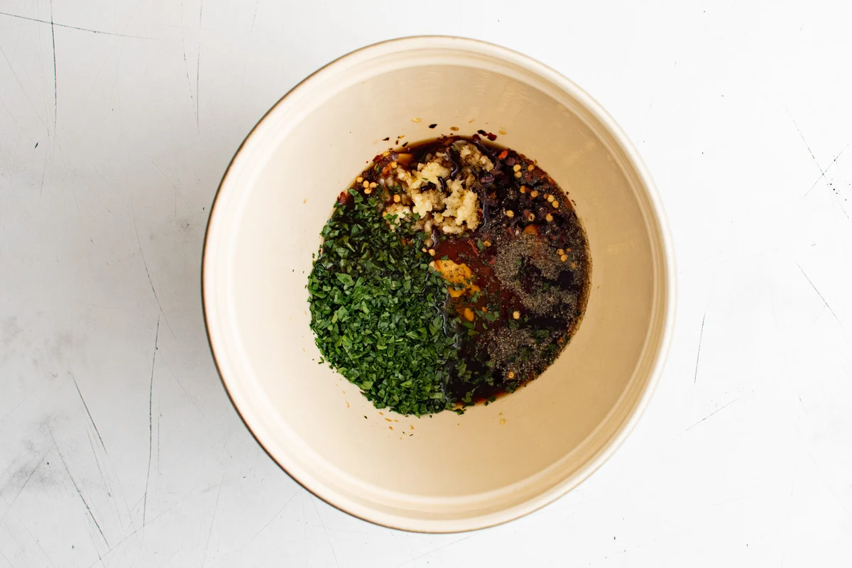 Marinade for shrimp in a bowl.