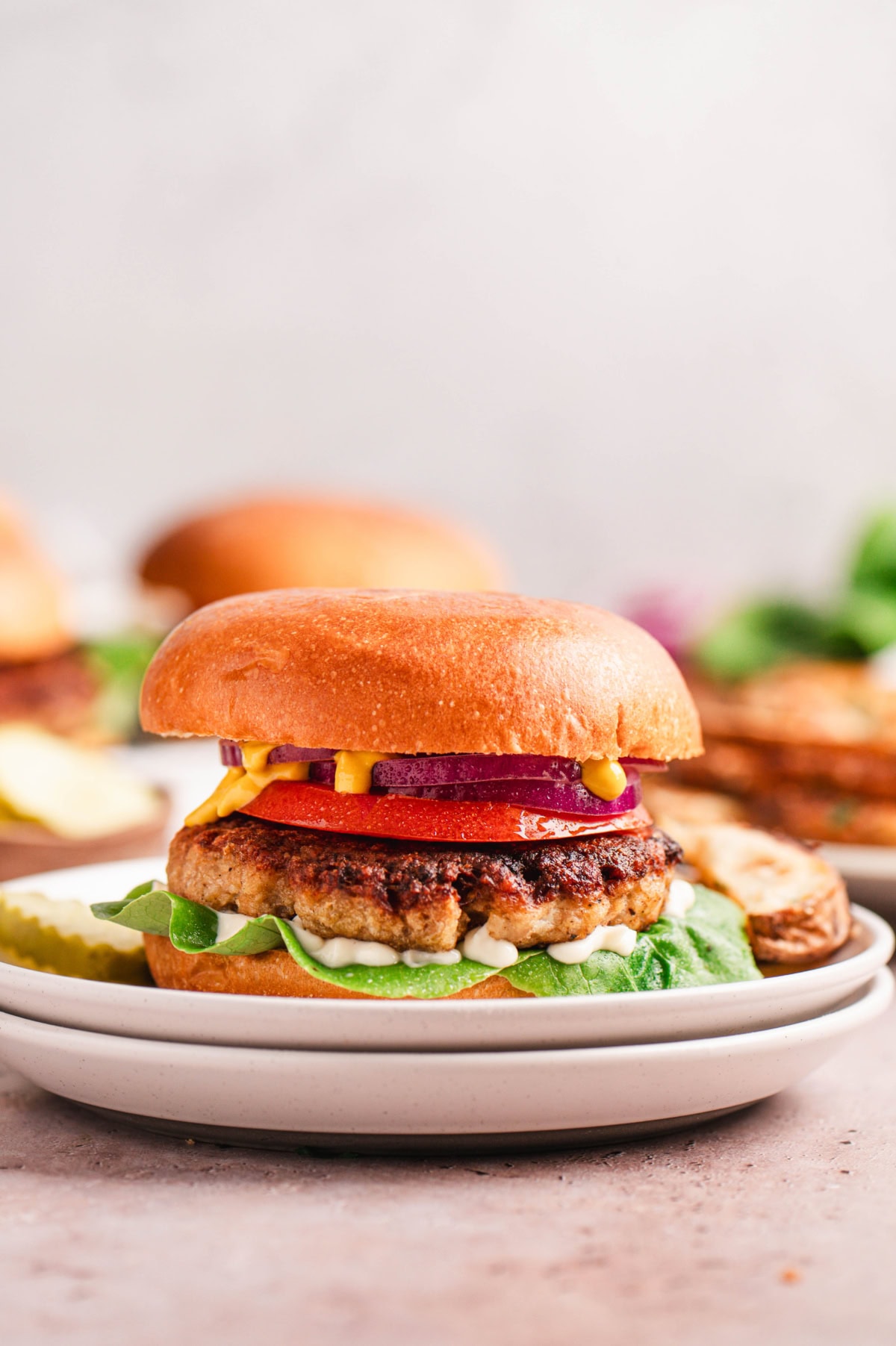 Chicken burger on a bun with lettuce, tomato, onion all on a white plate.