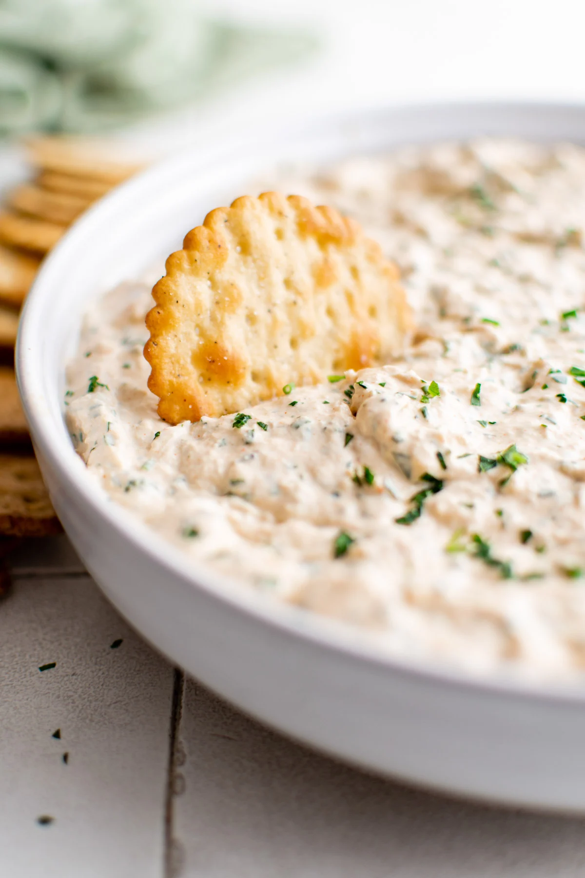 Tuna dip in a bowl with crackers.
