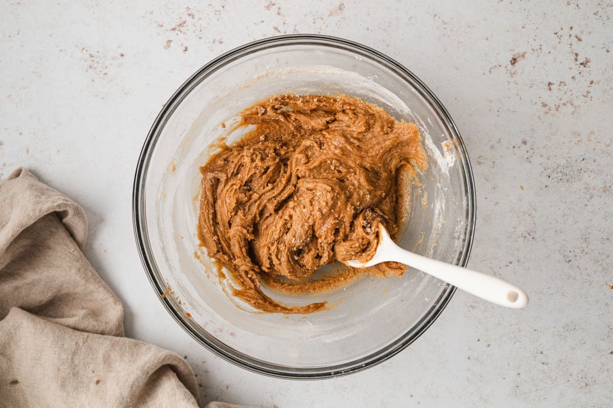 Blondie dough mixed in a glass bowl.