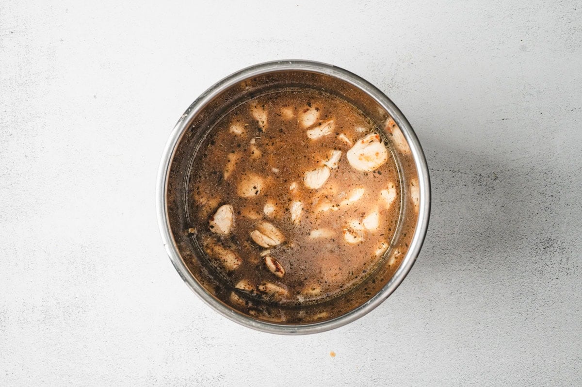 Broth added to the Instant pot for Instant Pot Chicken and Rice.