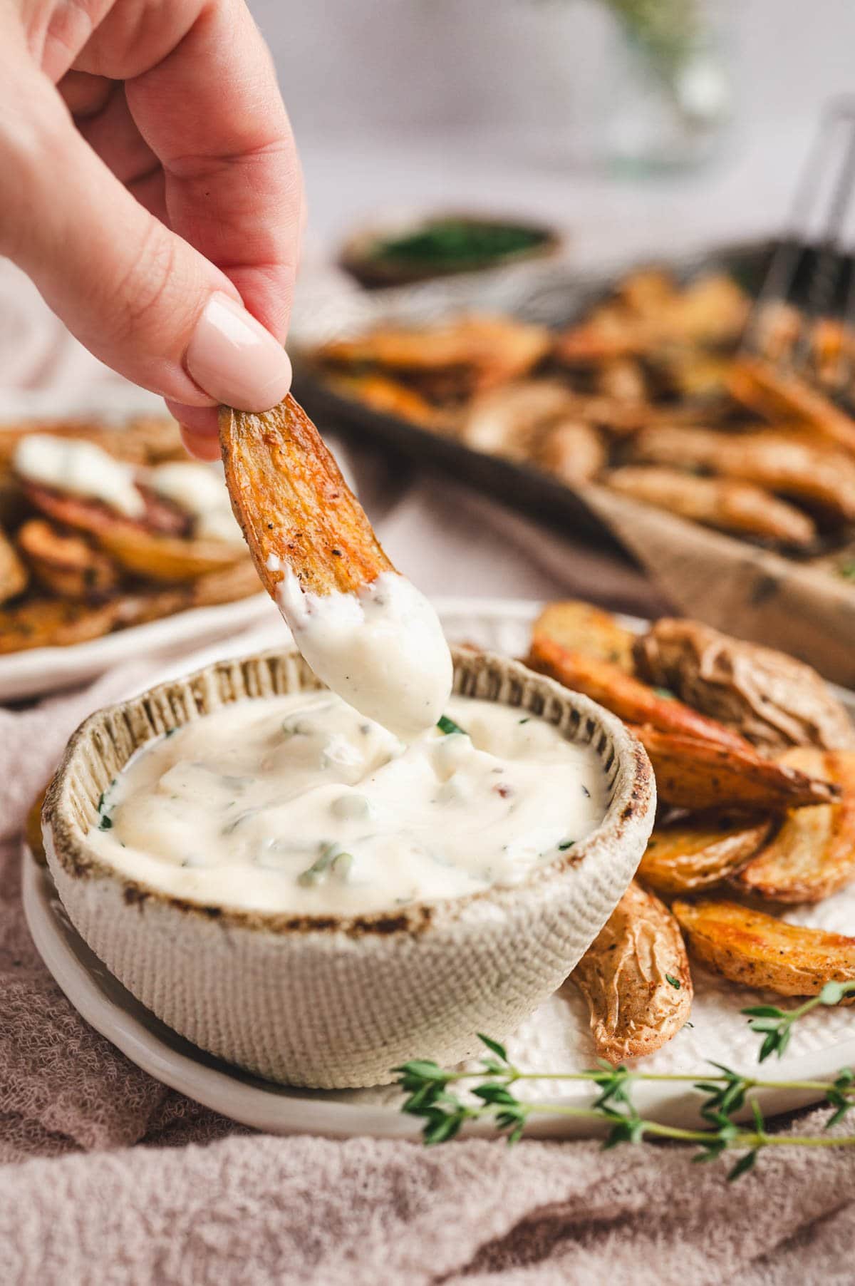 Hand holding a roasted fingerling potato dipped in a white dipping sauce.