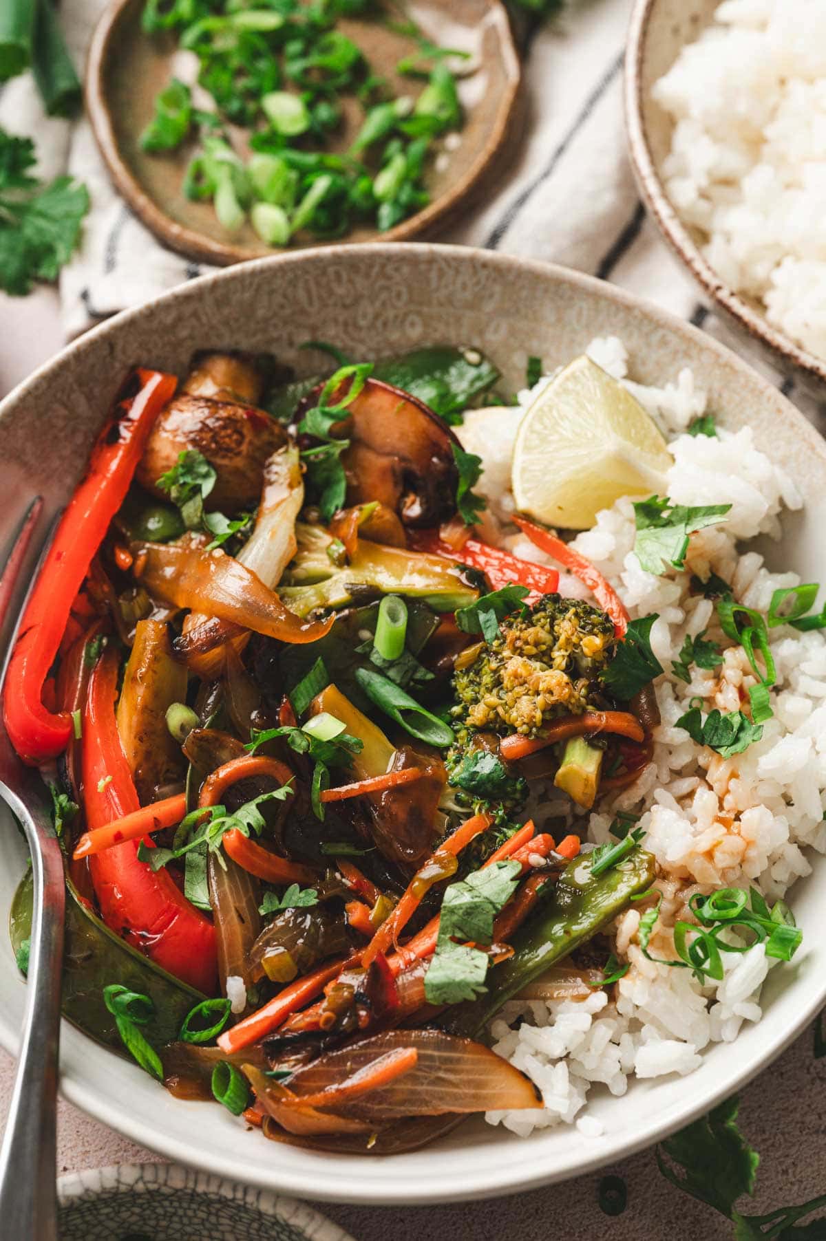 Cooked vegetable stir fry over a bed of rice with a lime wedge in the bowl.