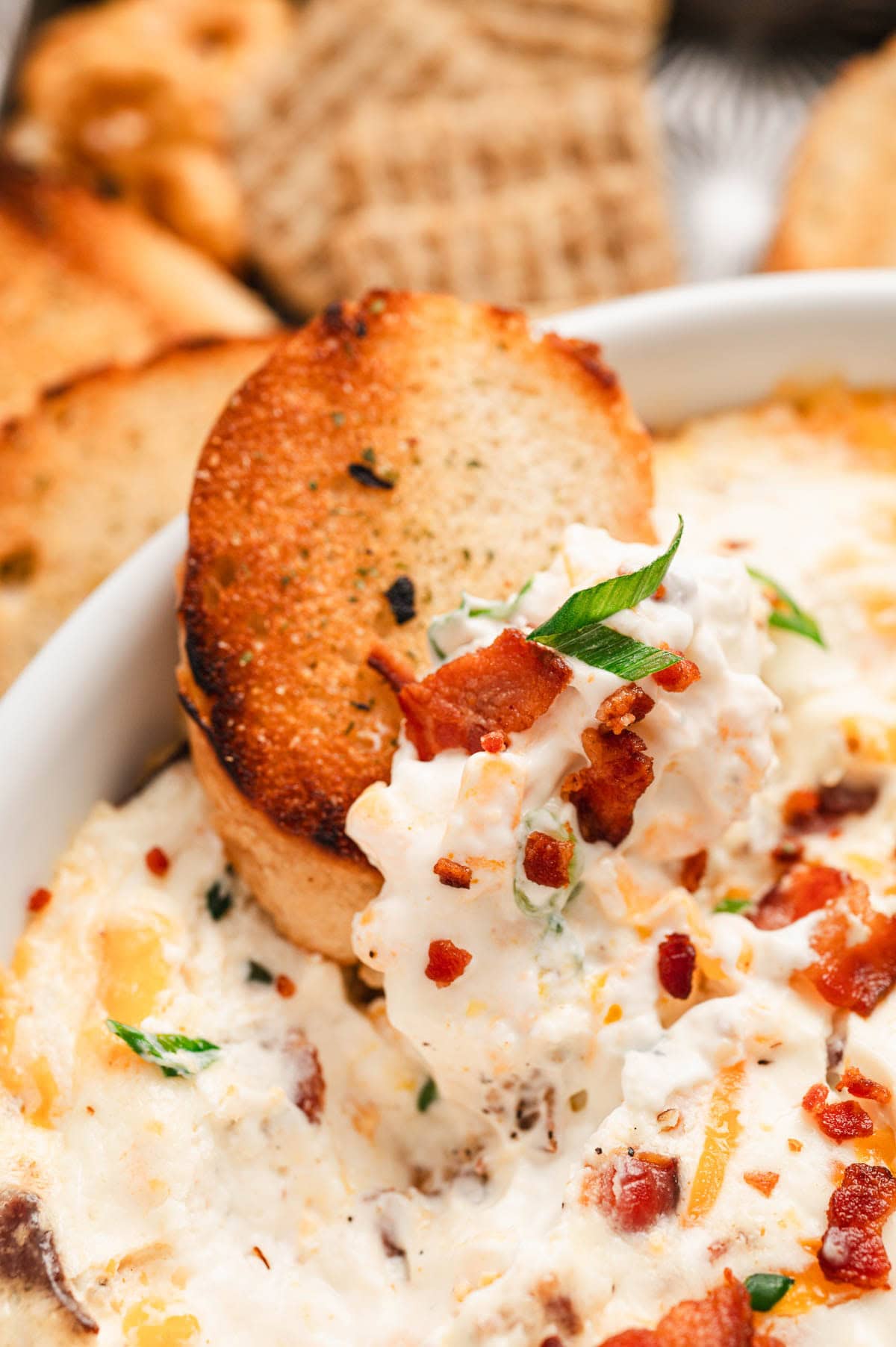 Piece of crostini dipped in hot bacon dip, topped with bacon pieces and sliced green onions as a garnish.