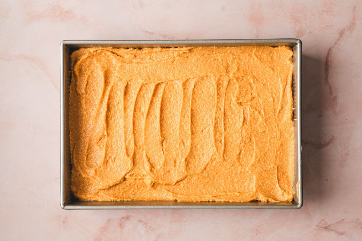 Pumpkin pudding layered on cheesecake and graham cracker crust.