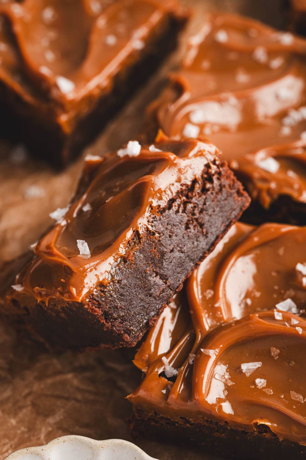 Close up of salted caramel brownie.