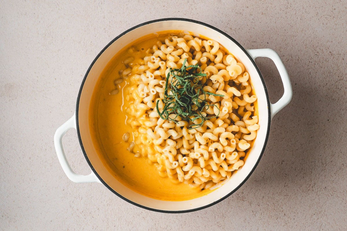 Butternut squash sauce in a pot with pasta and pieces of sage.