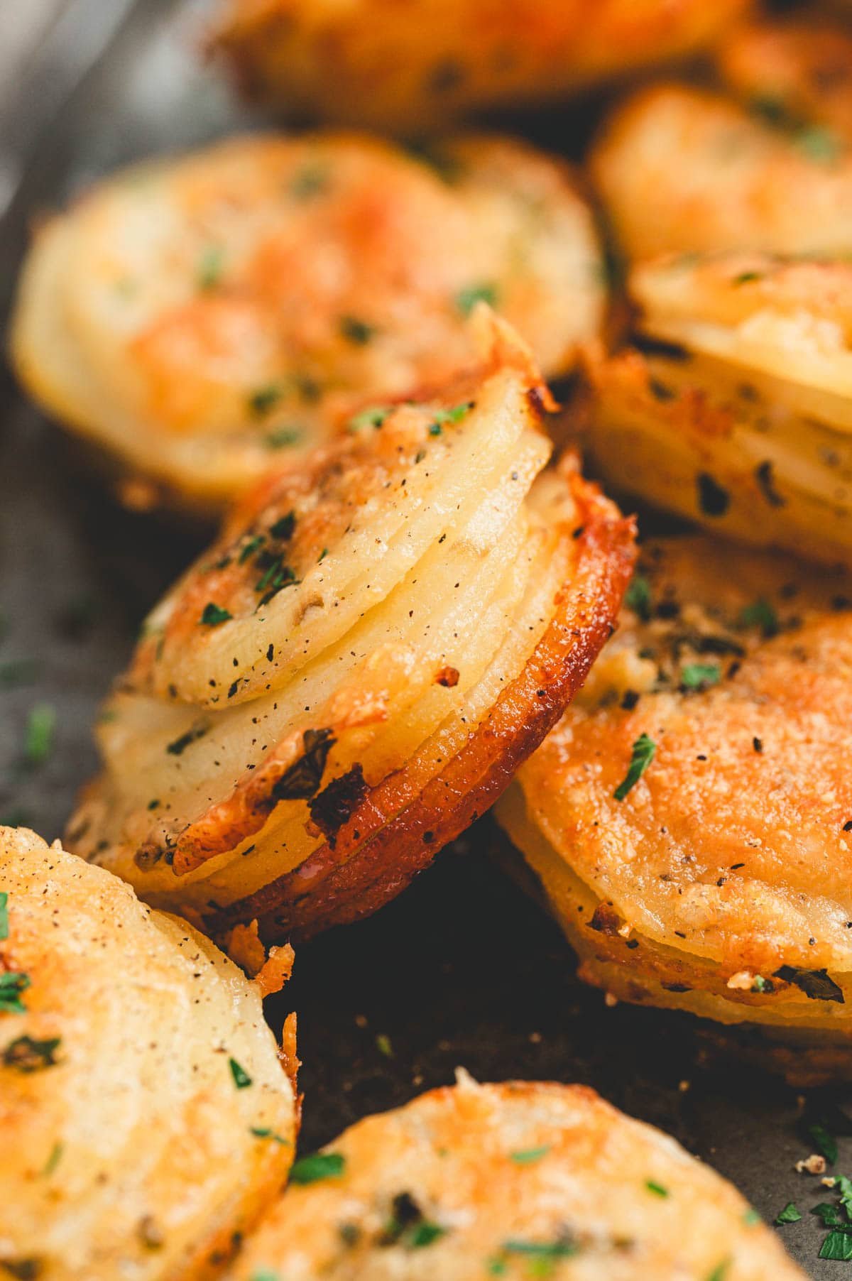 Close up of a crispy potato stack.