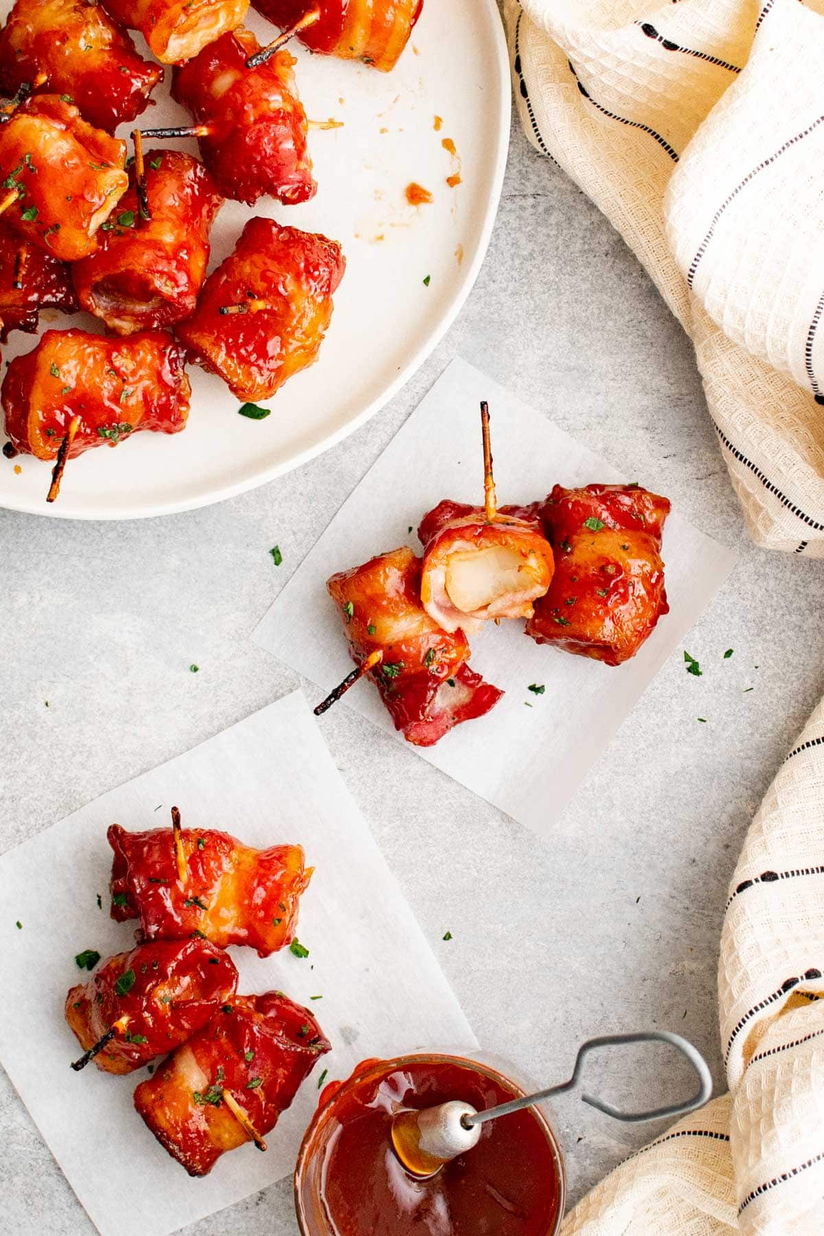 bacon and water chestnuts on platters