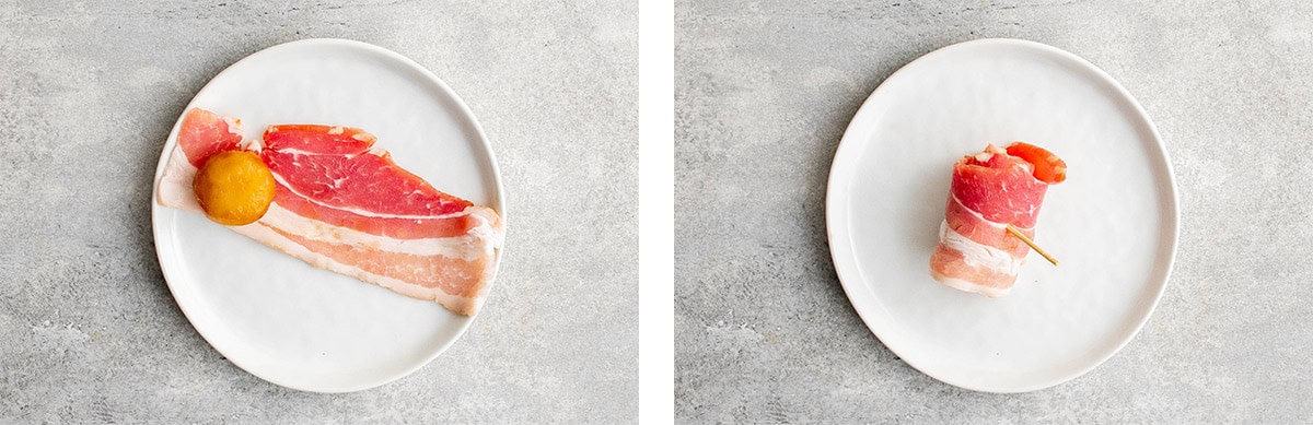 collage of 2 images showing how to wrapp bacon around a water chestnut