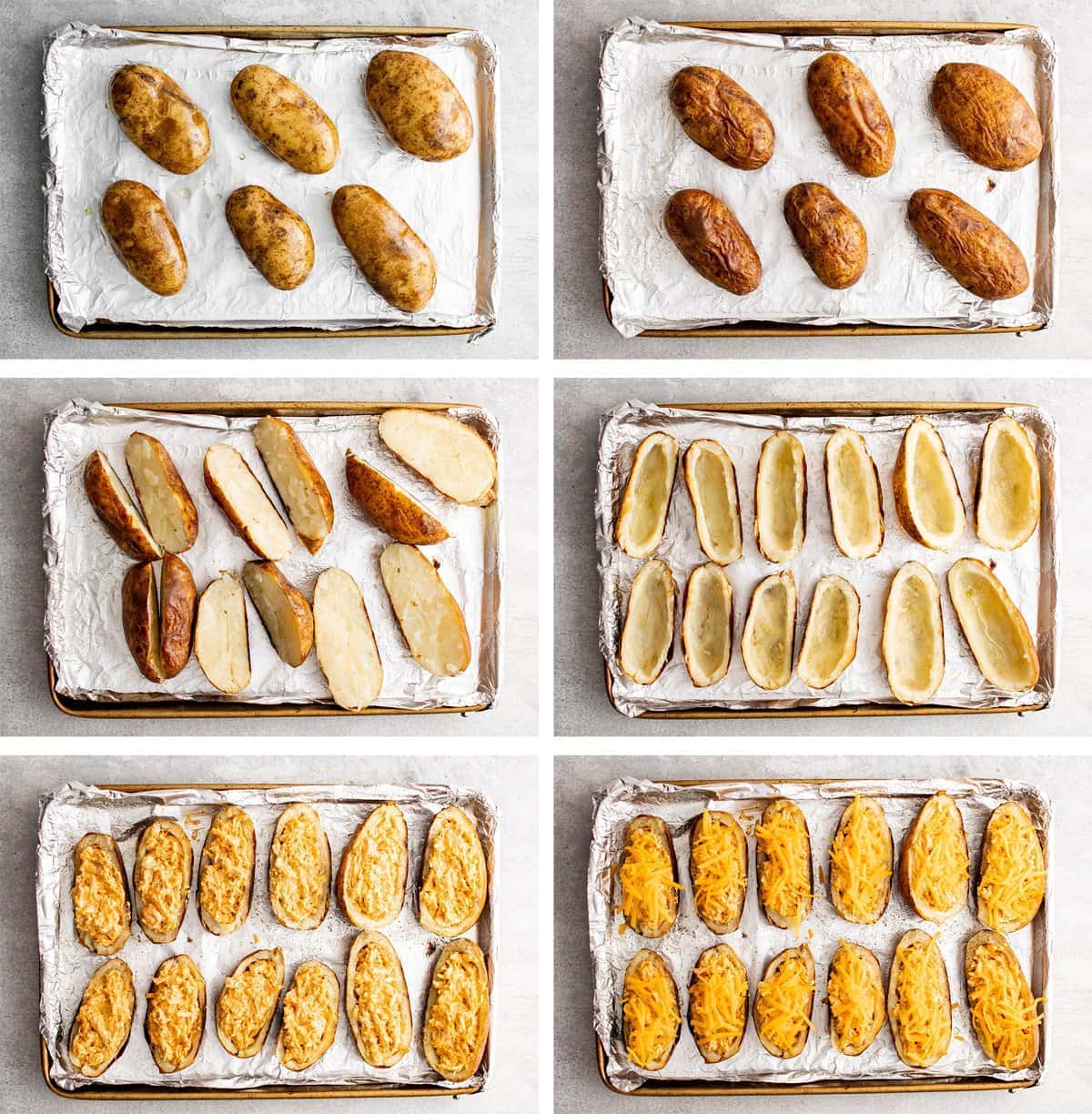 collage showing how to make buffalo chicken potato skins