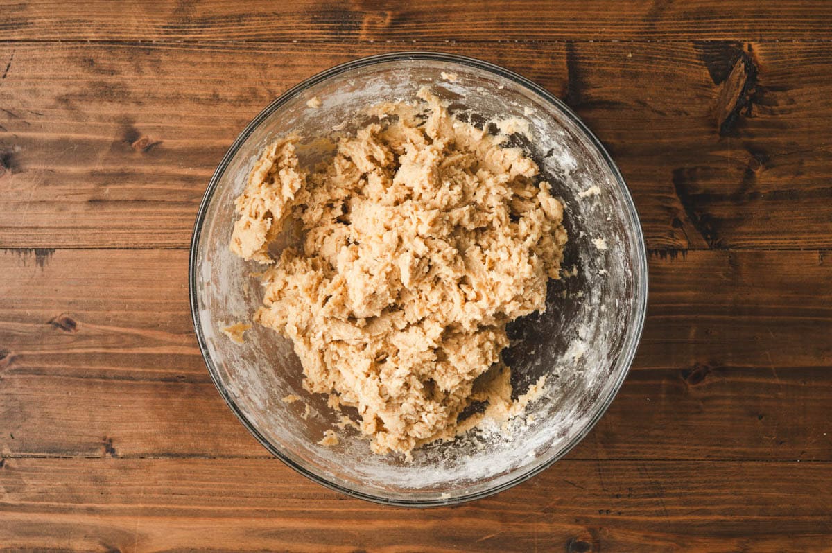Cookie dough in a glass bowl.