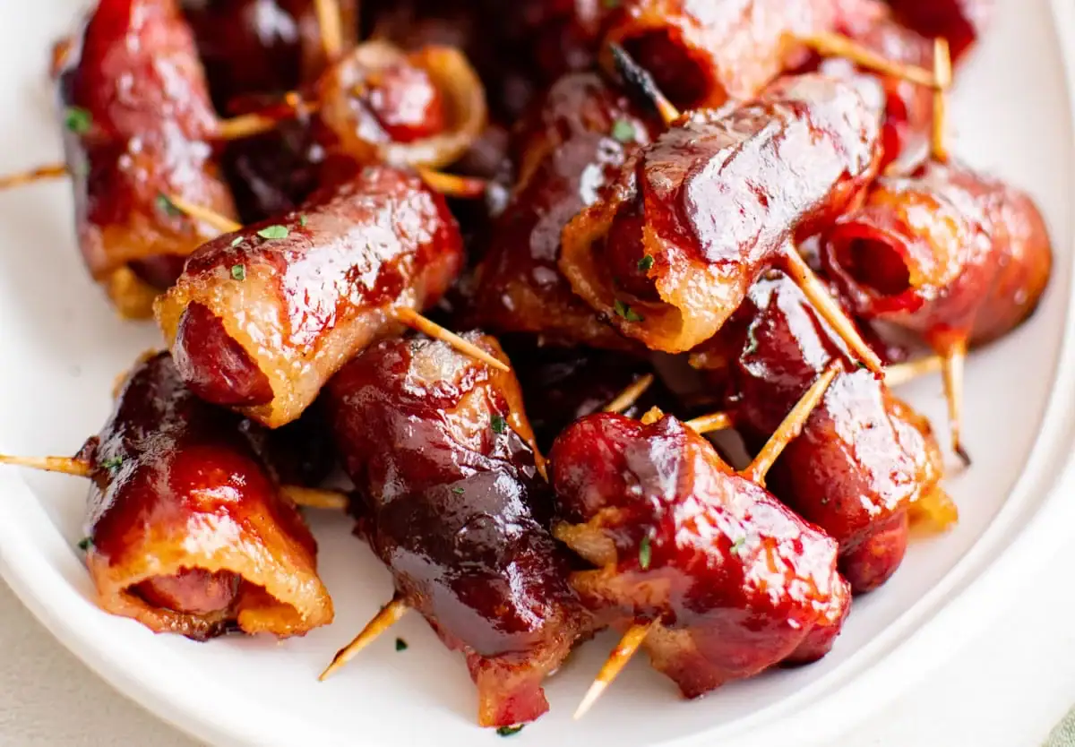close up of bacon wrapped little smokies with BBQ sauce glaze