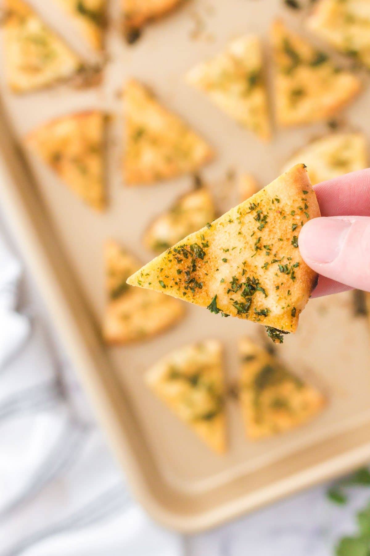 hand holding up a baked pita chip
