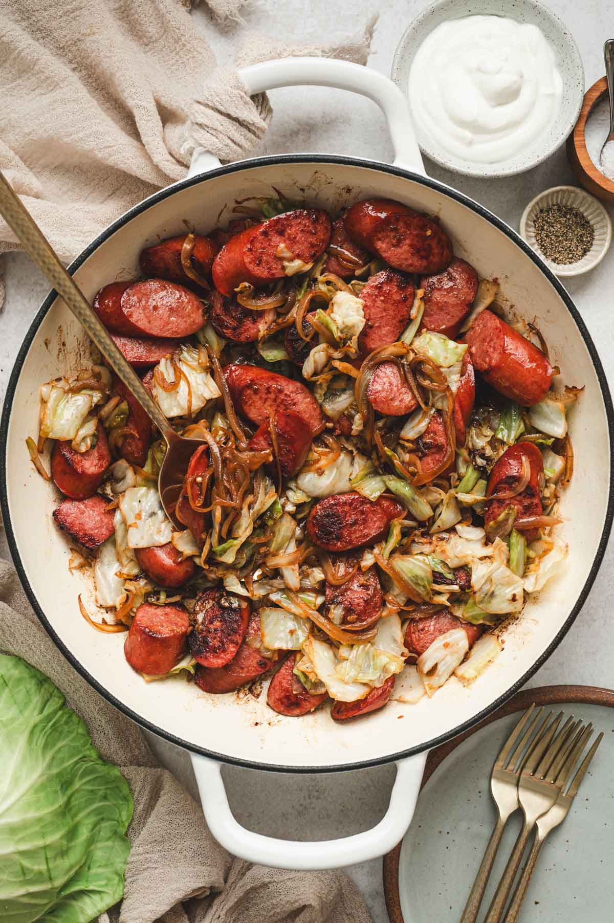 Kielbasa and cabbage in a skillet