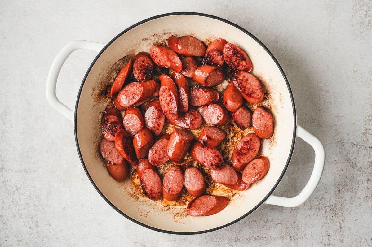 Sliced kielbasa in a skillet