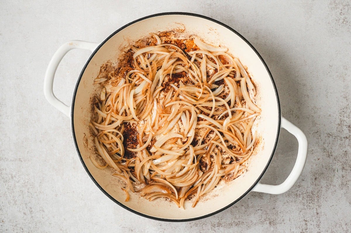 Sauteed onions in a skillet