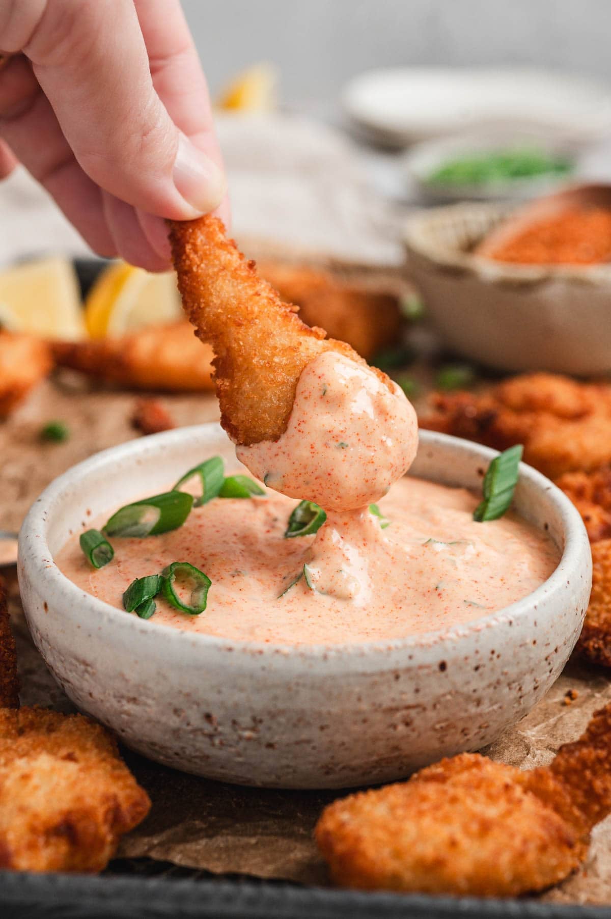 Fried shrimp dipped in remoulade sauce.