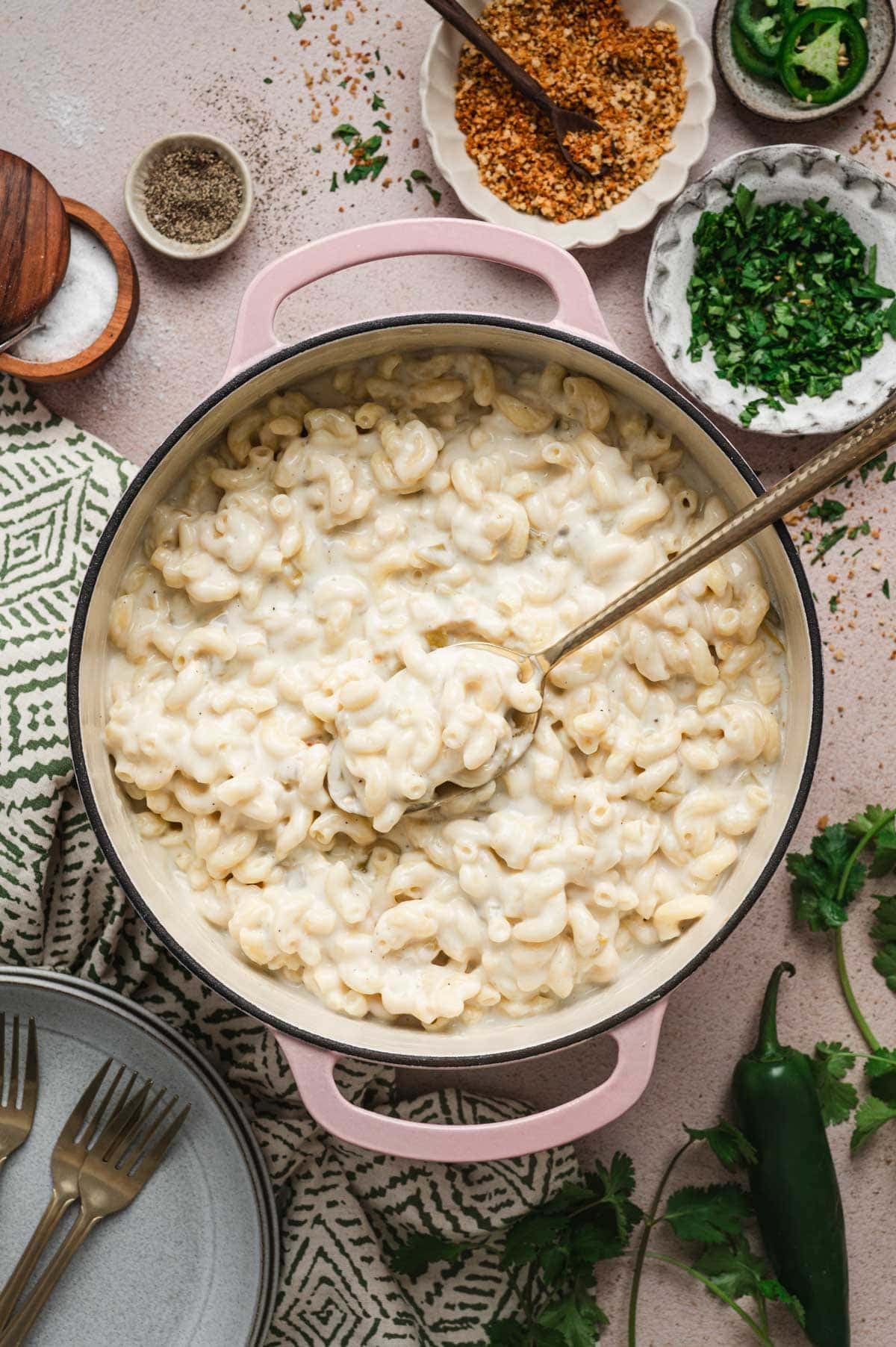 Green chile mac and cheese in a pot.