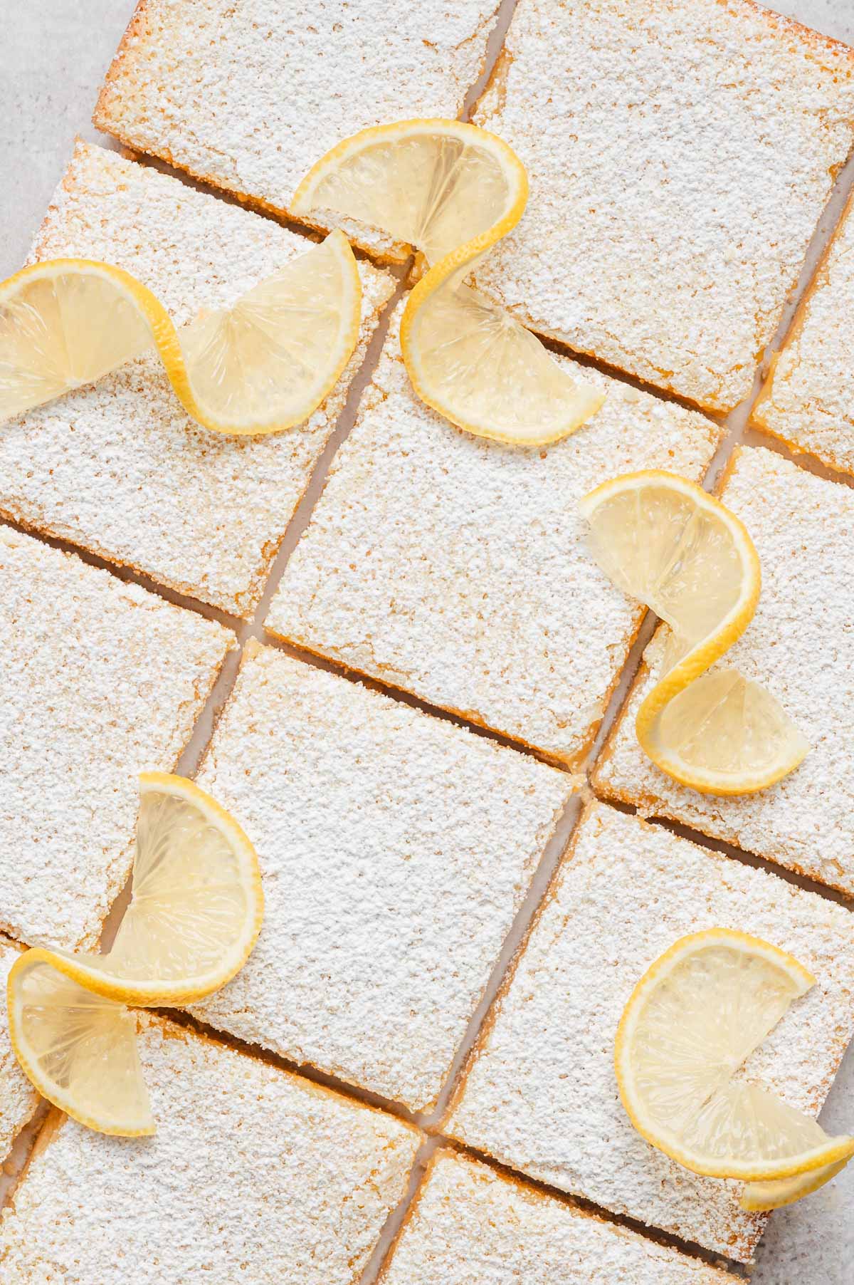 Lemon bars dusted with powdered sugar and lemon slices.