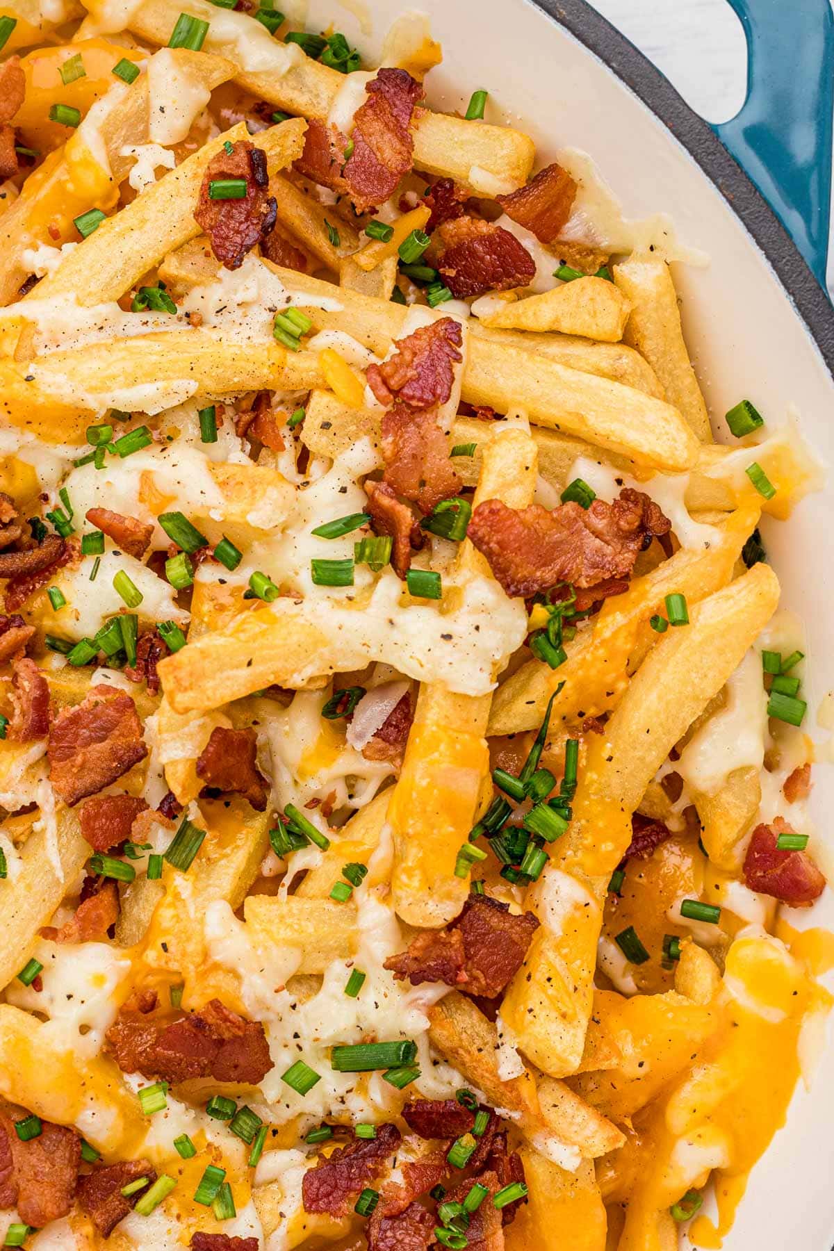 Close up of loaded cheese fries topped with bacon and chives.