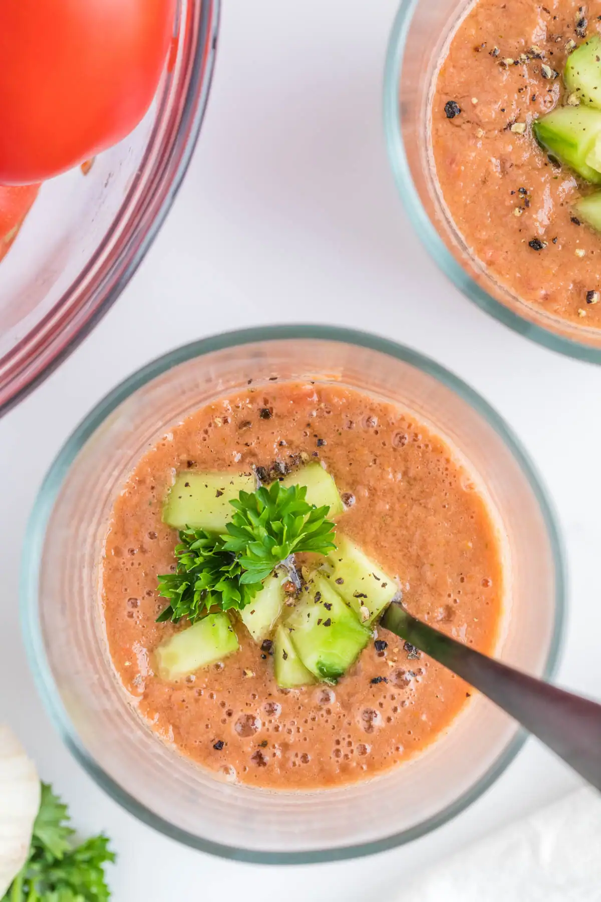 overhead shots of gazpacho soup