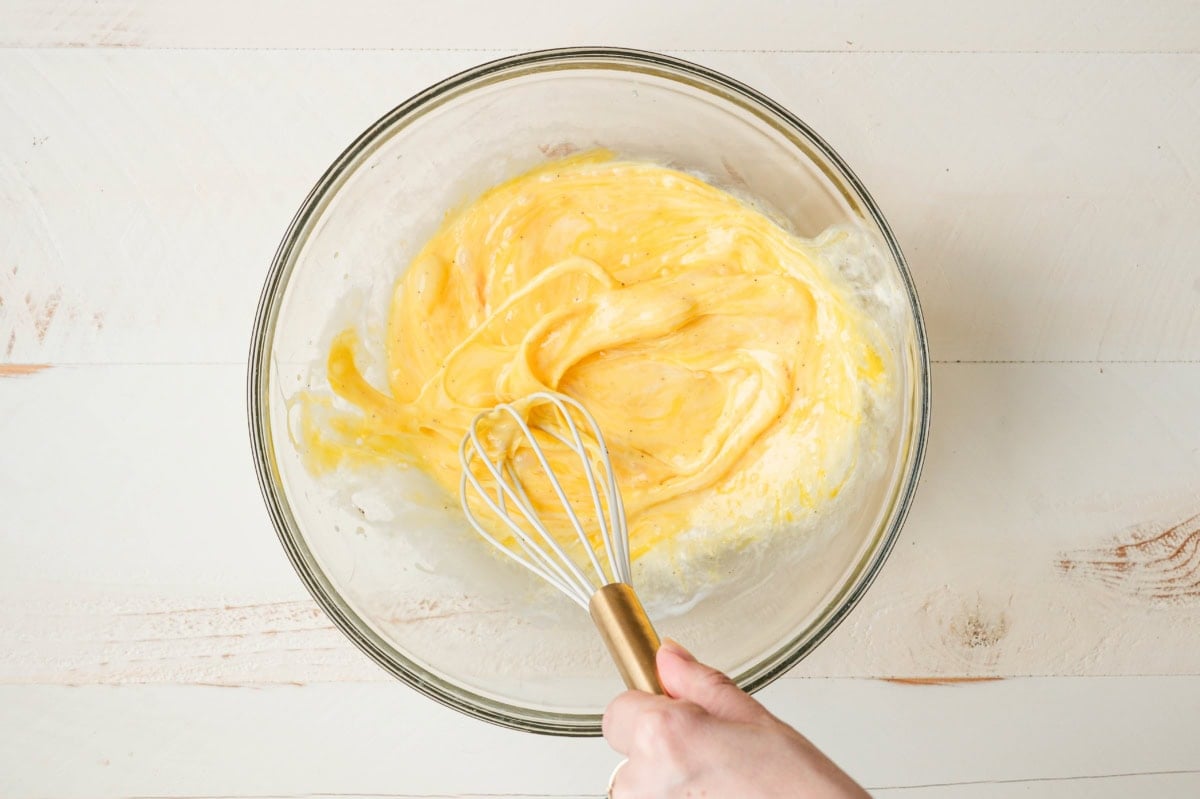 eggs whisked in a glass bowl