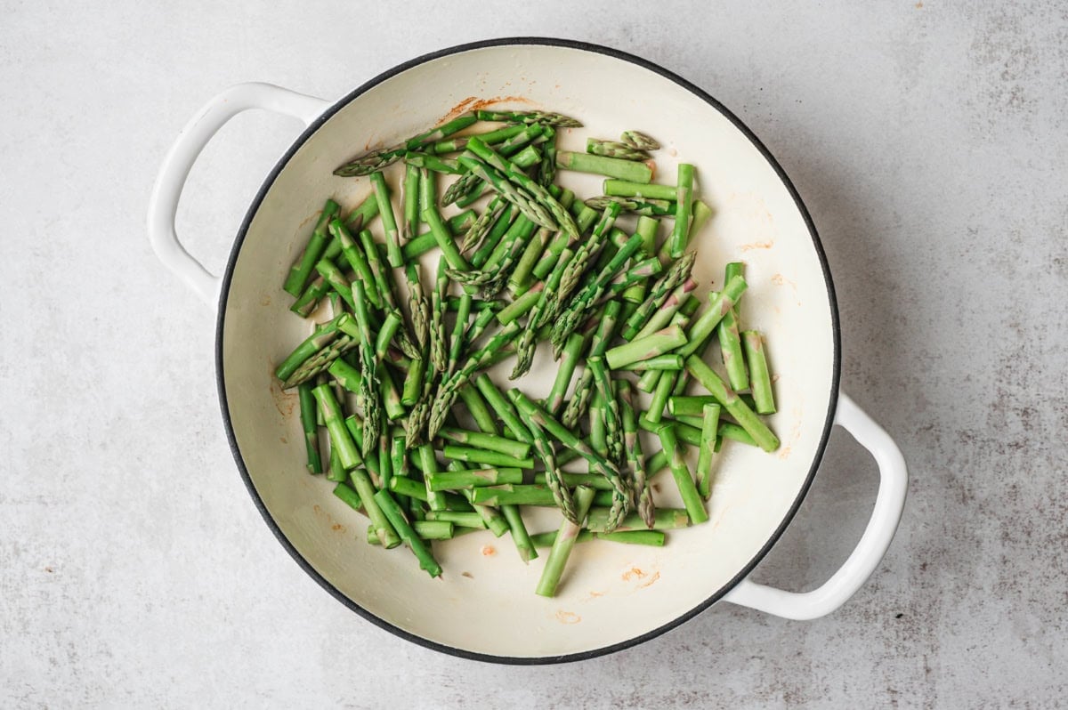 Asparagus in a saute pan.
