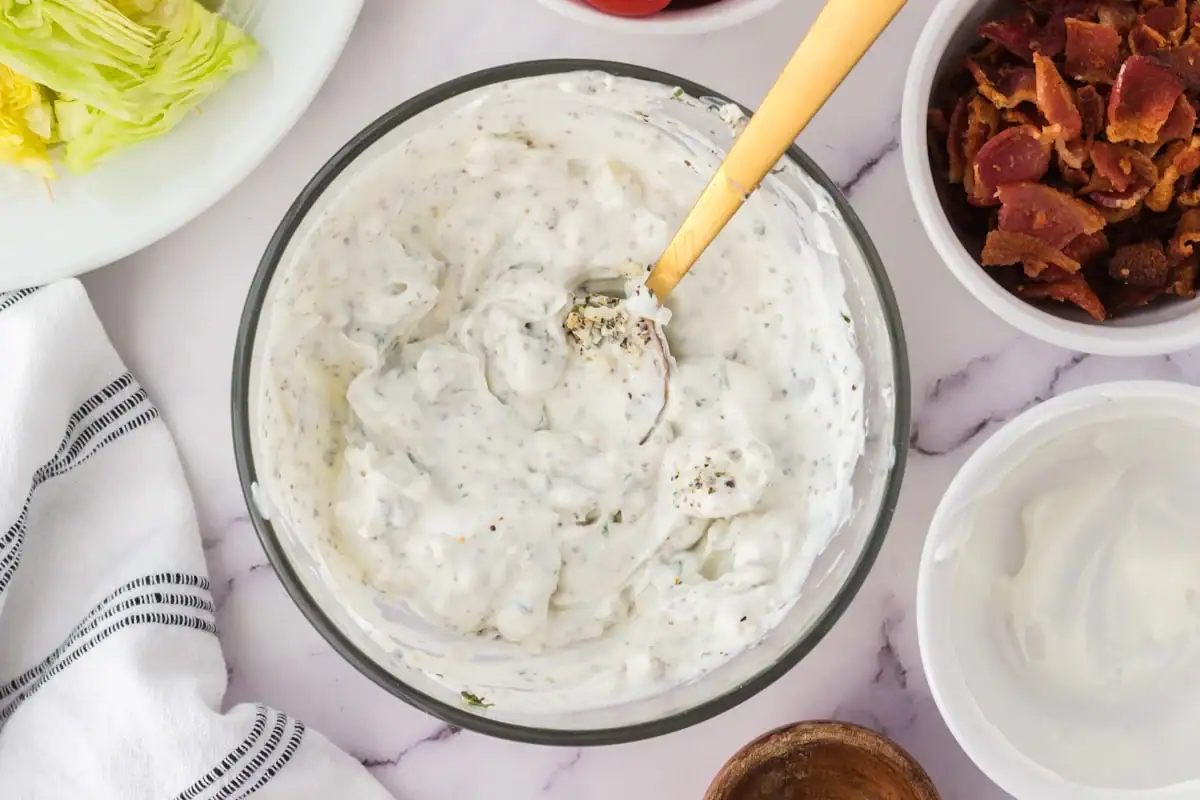 Blue cheese dressing in a bowl.