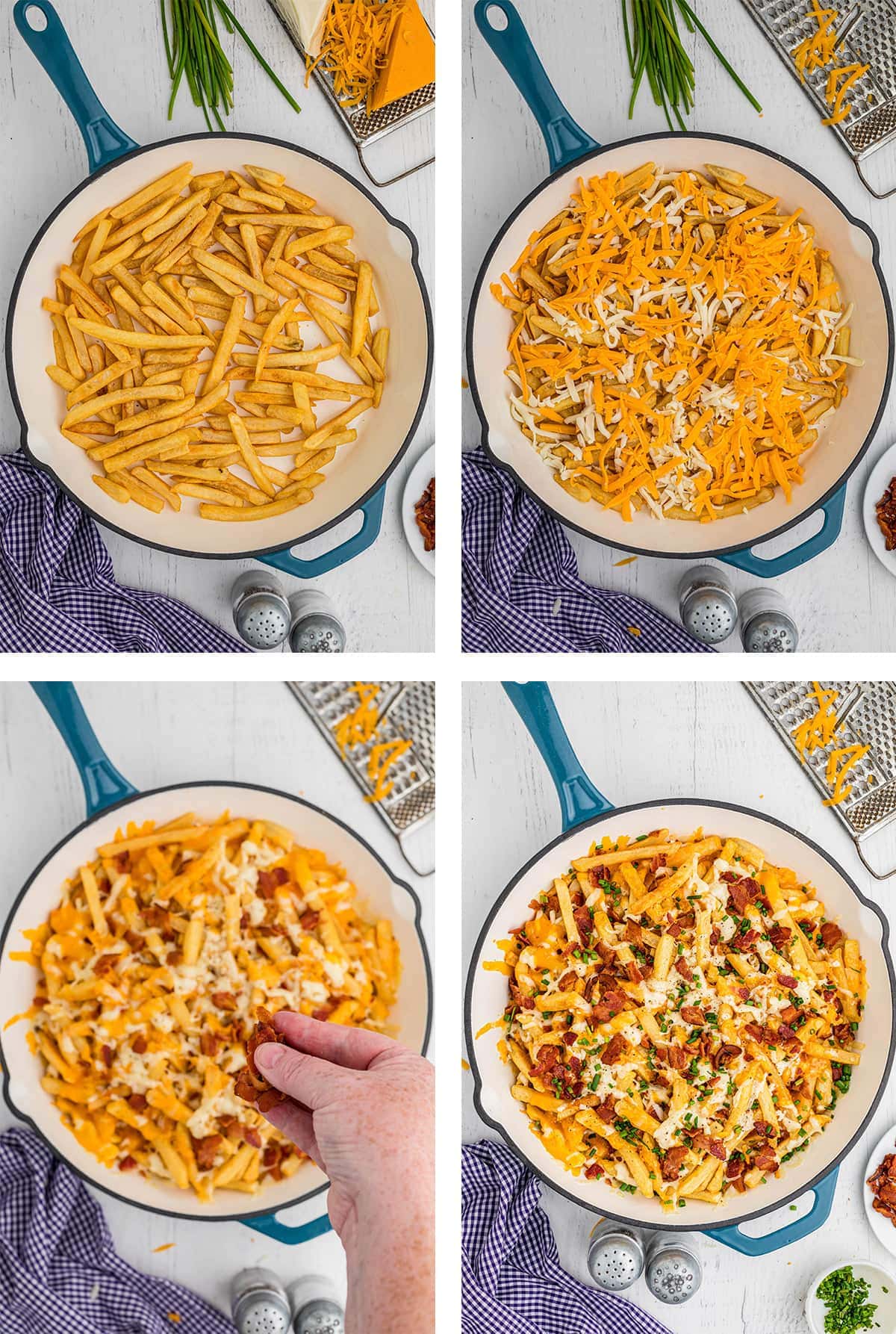 Collage showing steps to making loaded cheese fries.