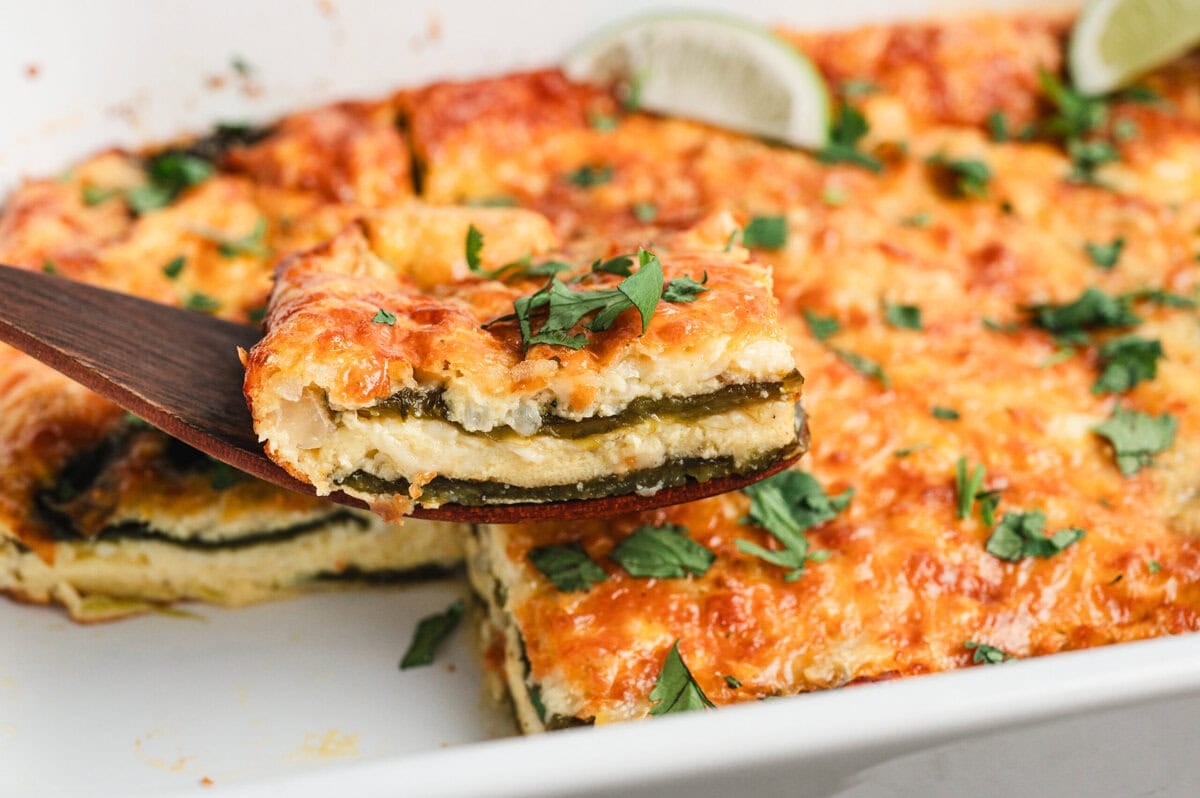 Piece of chile relleno casserole on a spatula