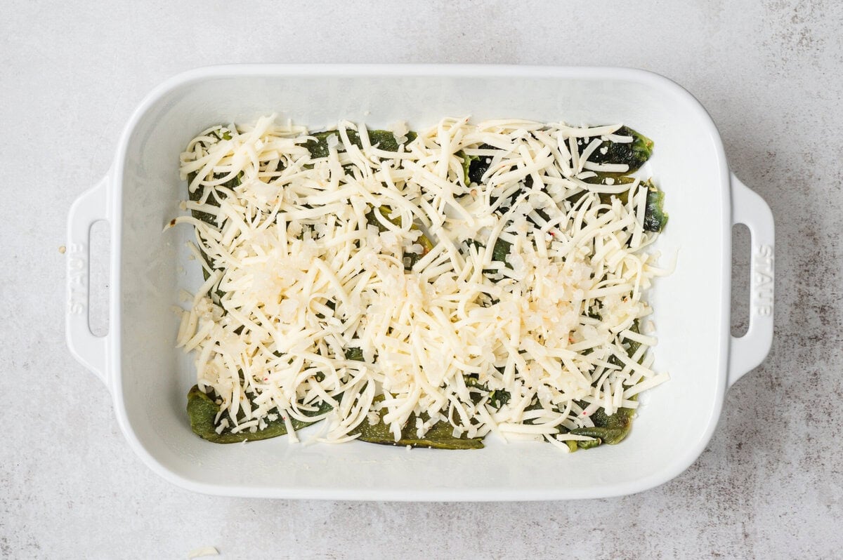 Shredded cheese scattered evenly over poblano layer