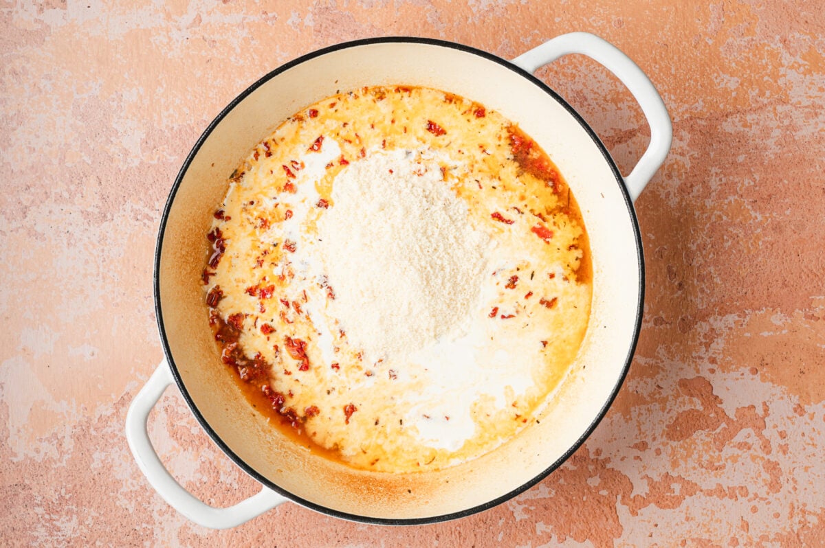Cream and parmesan in a sundried tomato sauce