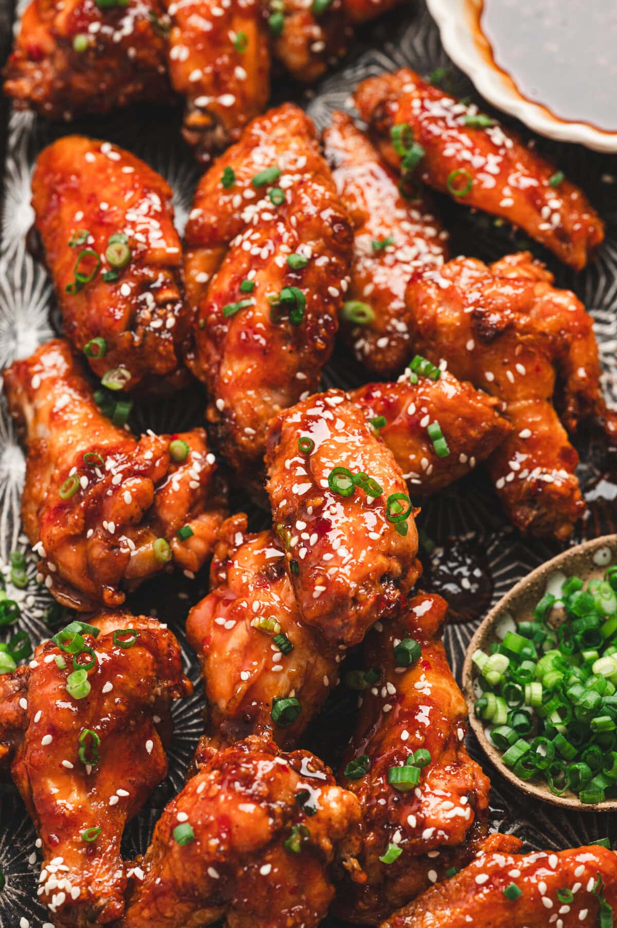 Close up of sticky honey garlic wings