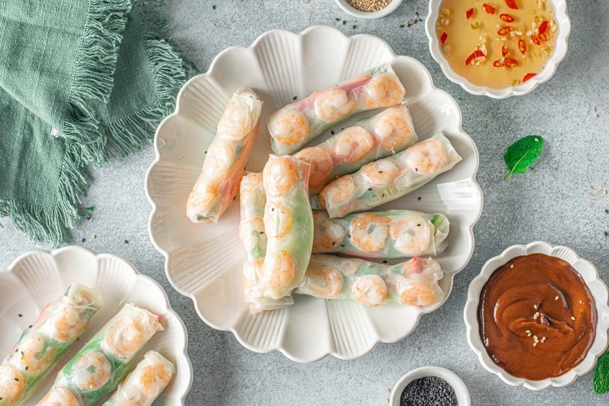 Platter of shrimp spring rolls