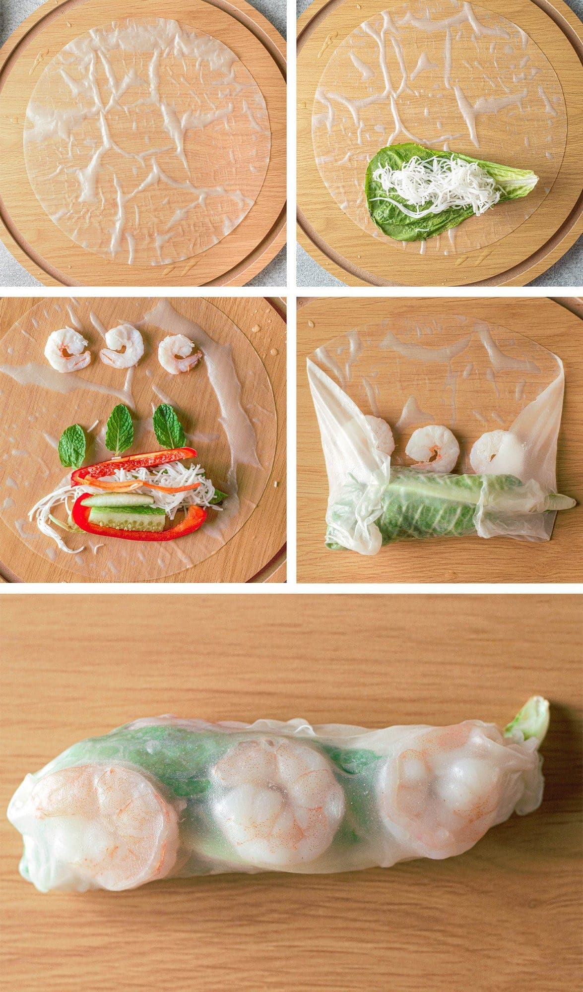 Collage showing how to roll up shrimp spring rolls.