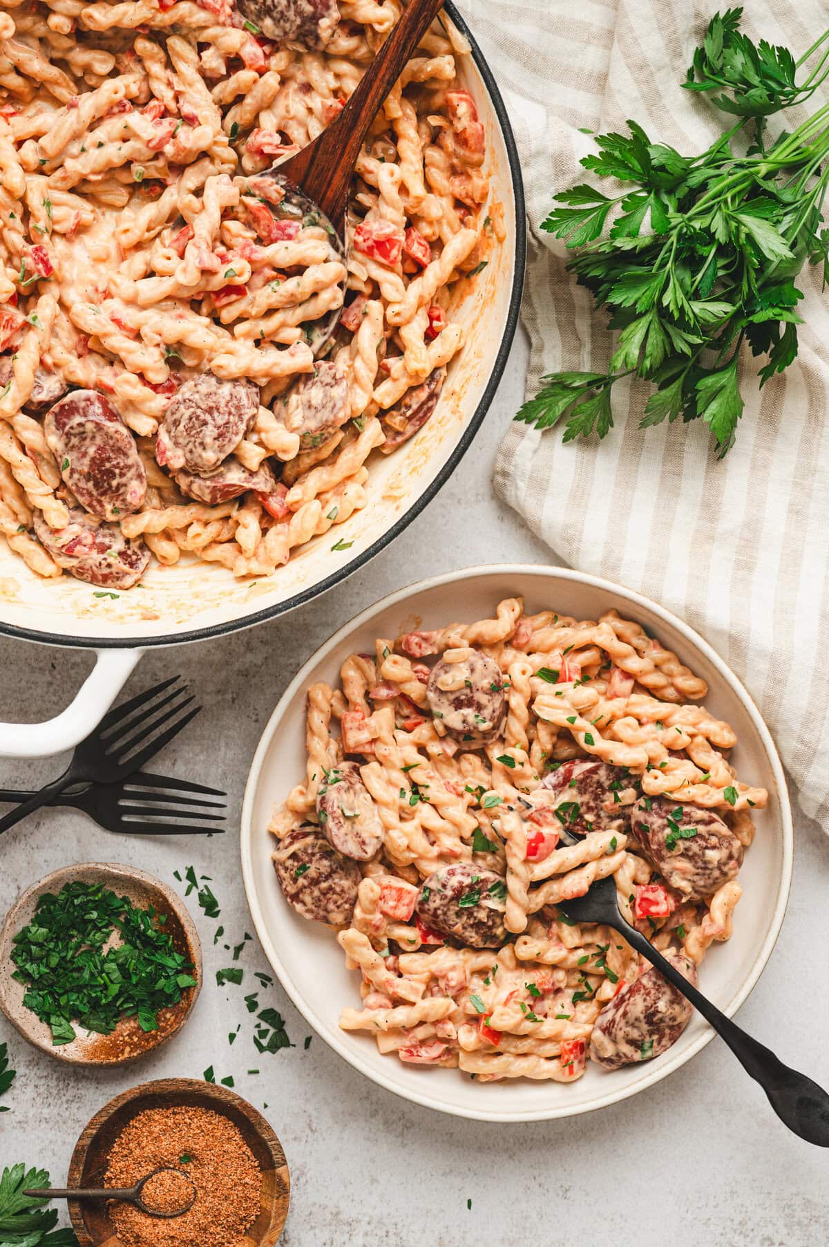 Cooked cajun sausage pasta on a plate