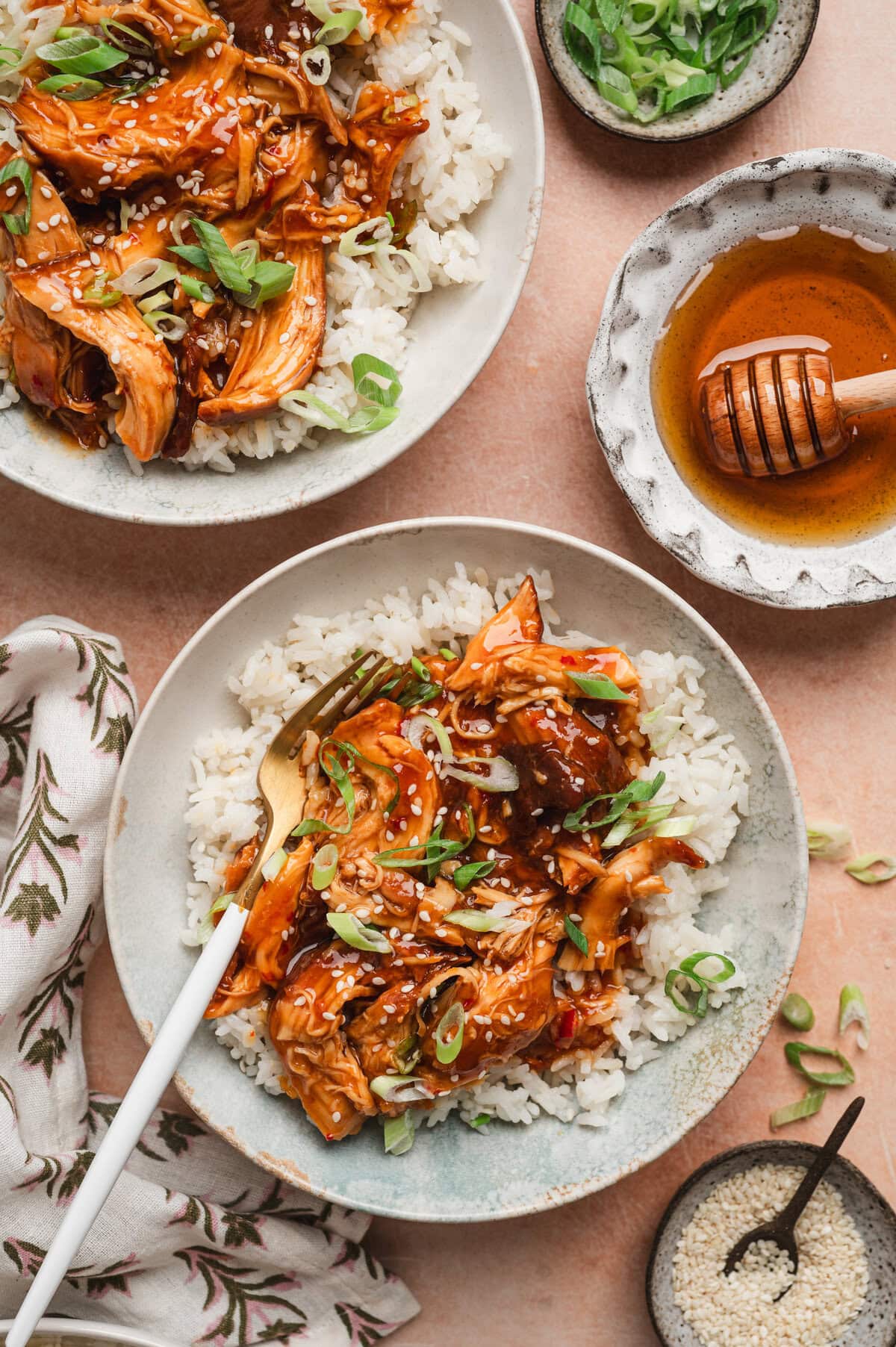 Honey garlic chicken over rice divided over two plates